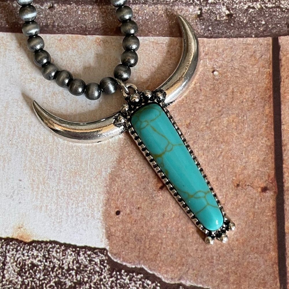 New Blue and Silver Longhorn Pendant on 18” Beaded Navajo Style Chain